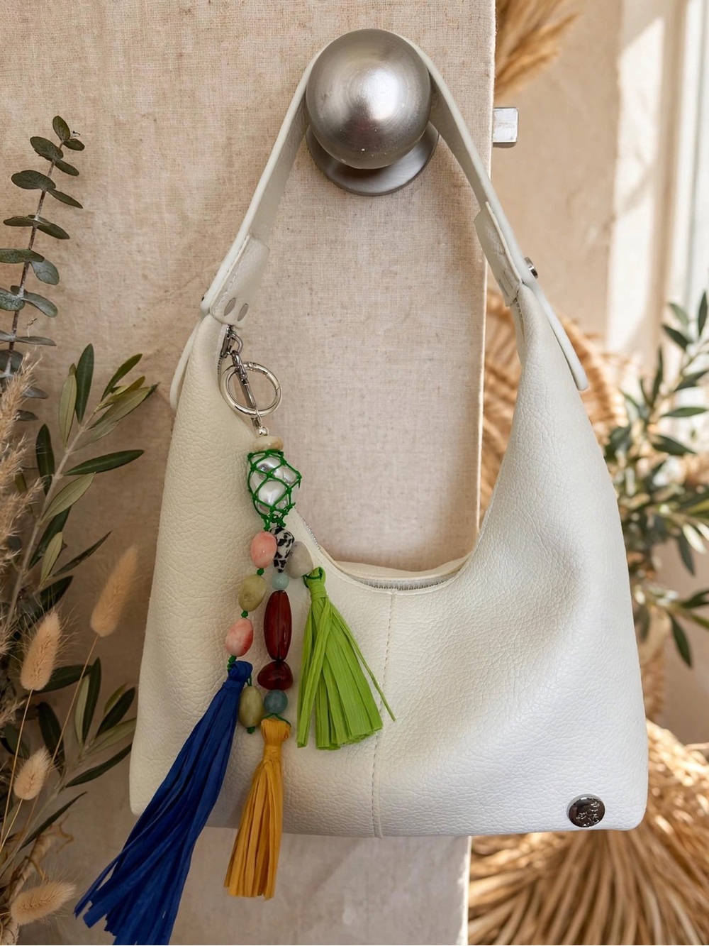 White Hobo Shoulder Bag with Colorful Tassel Charm